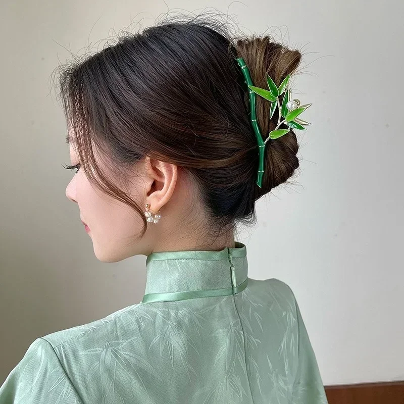 Chinese Vintage Style Retro Fresh Green Bamboo Fashion Pearl Metal Hair Clip Personalized Design Women's Headwear Decoration
