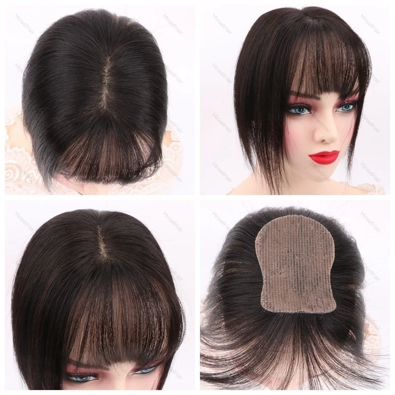 No Clip Human Hair Topper L-Hook Strong Grip Velcro Base 8x11cm Skin Like Hair Toppers Realistic Hairpart 25cm Mocha Brown 1B 5
