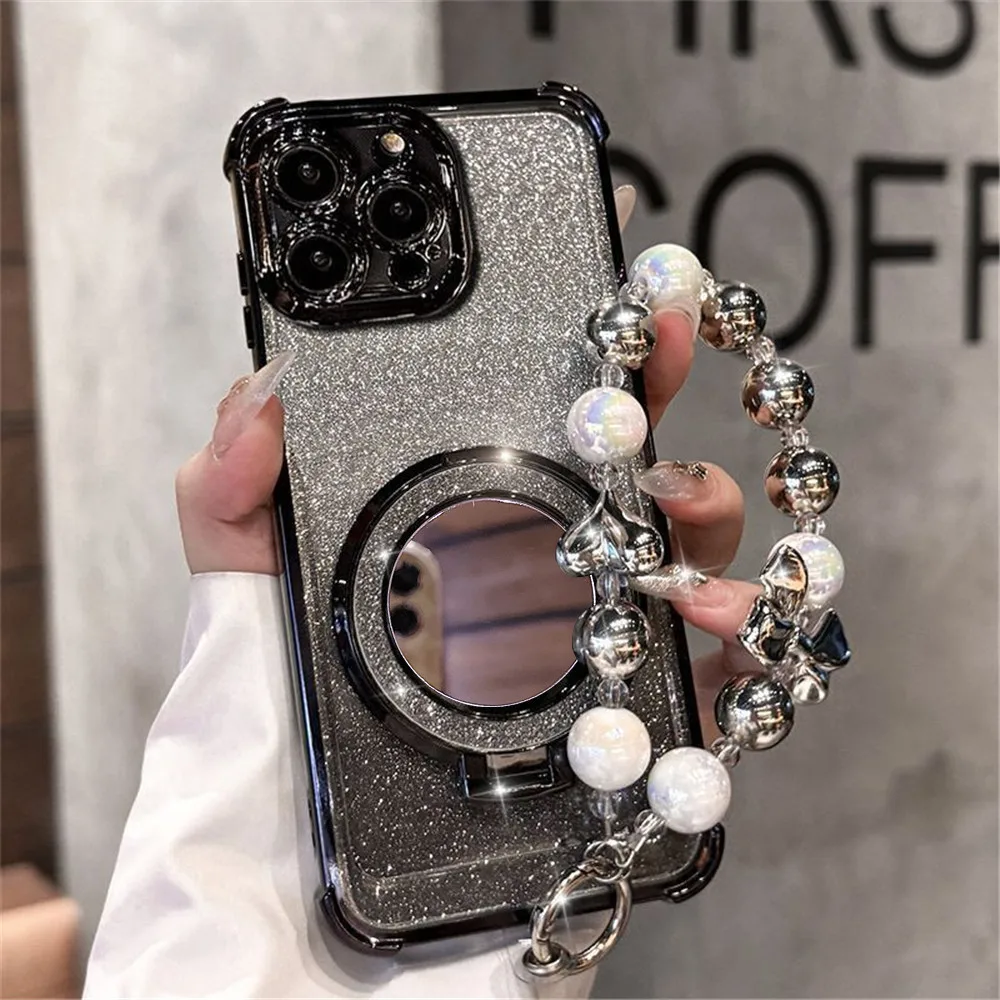 Lovely Heart Bracelet Mirror Phone Holder Case - Shockproof Glitter Cover