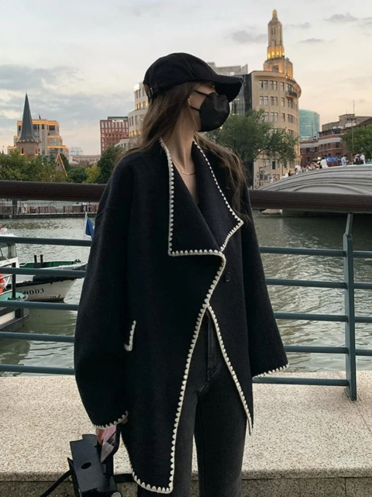 

ADAgirl Vintage Black Wool Coats Elegant Chic Long Sleeve Coats for Women Korean Style Autumn Winter Old Money Aesthetic Clothes