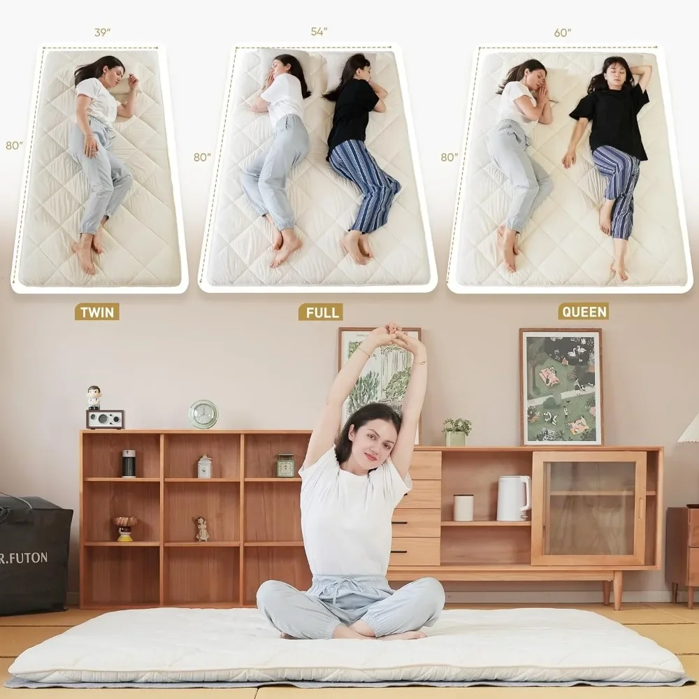 Japanese Floor Futon Mattress Traditional Cotton Shikibuton Foldable Roll Up Bed Queen 3