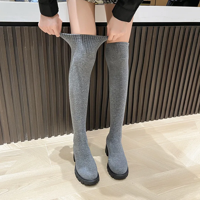 Sexy Slim Over The Knee Stretch Socks Boots Women 2022 Autumn Thick High Heels Long Boots Woman Anti-slip Platform Shoes