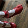 2024 Vintage Spring Fashion Slipt Toe Women Pumps Chunky Round Strap Buckle High Heels Red Leather Brand Design Shoes Women 1