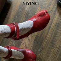 2024 Vintage Spring Fashion Slipt Toe Women Pumps Chunky Round Strap Buckle High Heels Red Leather Brand Design Shoes Women 1