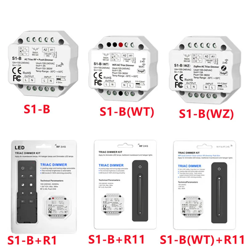 2.4G RF LED controller S1-B CH*1.5A RF + Push AC Phase-cut Dimmer S1-B(WT) WiFi & AC Triac Dimmer APP switch single color
