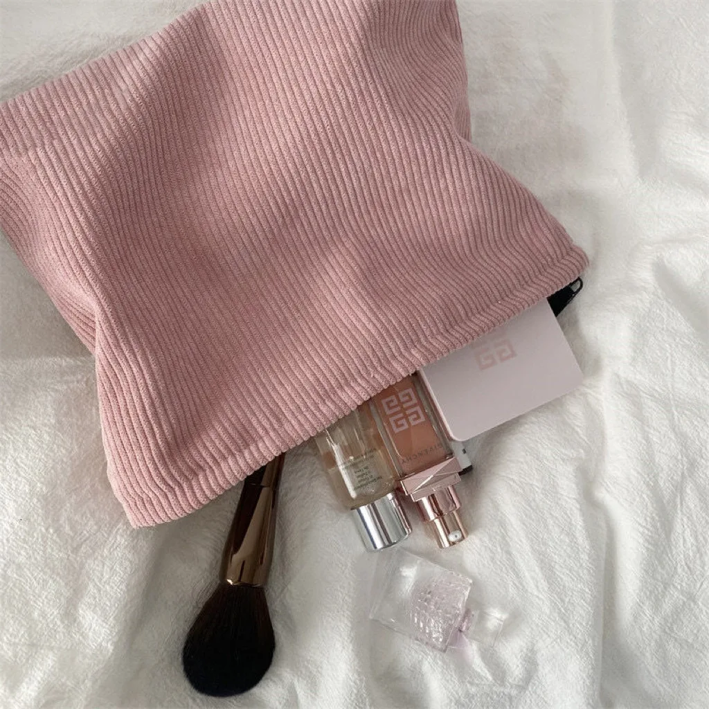 Solid Color Corduroy Cosmetic Bag Clutch Bag Large Capacity Makeup Organizer Korean Storage Pouch Women Travel Toiletry Case