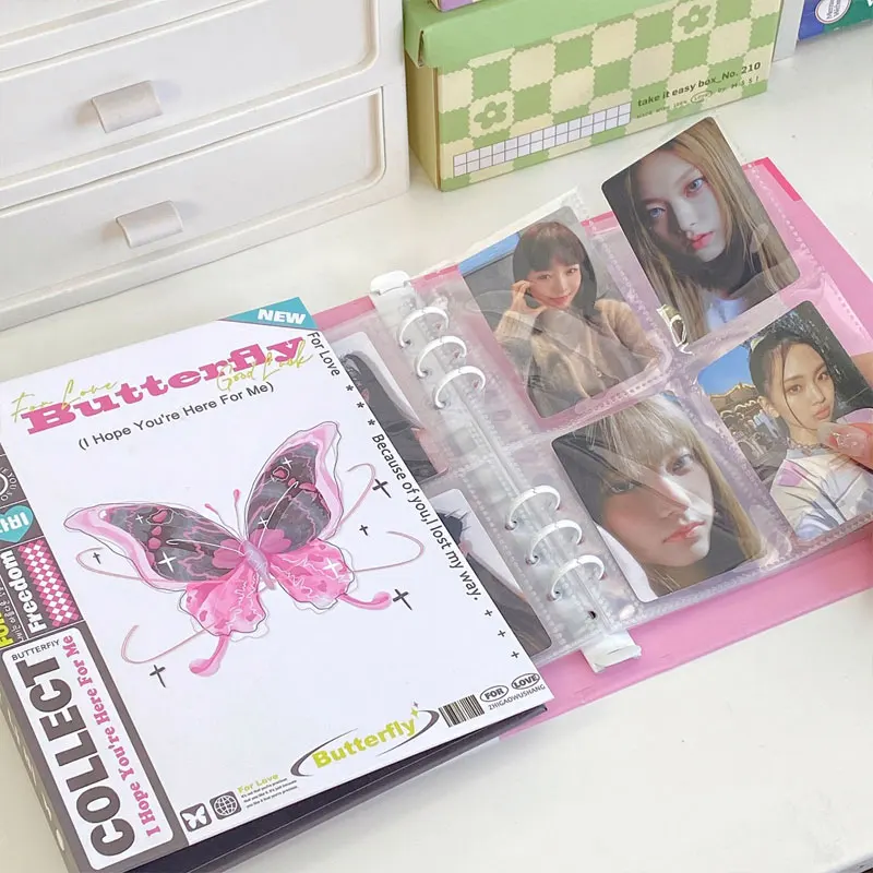 Pink Butterfly Photocard Holder Korea Kpop Binder Photo Album Pockets Binder Album Idol Star Chasing Instax Collect Book 16 pockets student photos album fans photos storage book mini cards book idol cards book photocard holder cards collect book