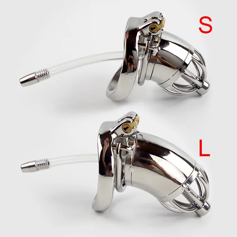 Stainless Steel Anti-separtion Chastity Lock with Urethral Sounds Catheter Stimulate Cock Cage Penis Ring Sm Sex Toy for Man Gay