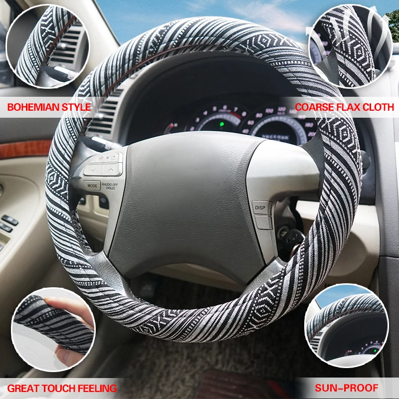 Baja Decke Stoff Auto Lenkradbezug Ethno-Stil Auto Radabdeckung aus grobem Flachs und Silikon Innenring – Detail 1