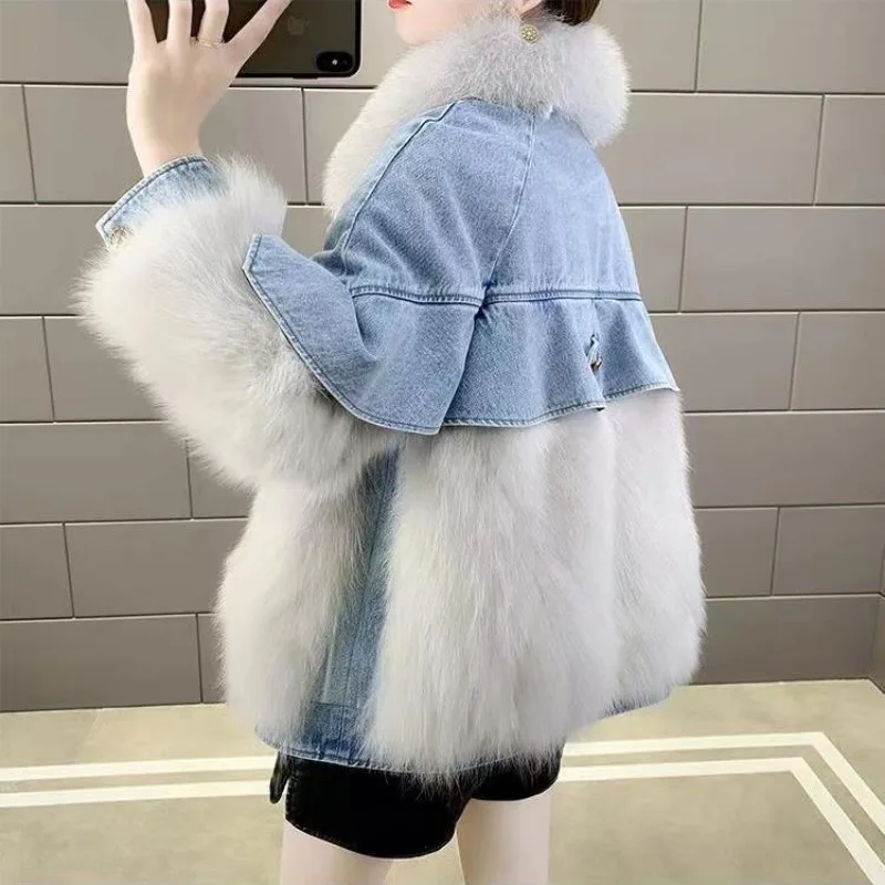 Fur and Faux Fur Coat with Black Faux Fur Collar for Women, Denim Jacket, New Arrival, 2023