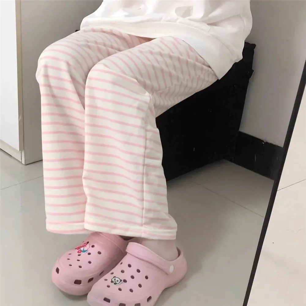 Cute Y2K Striped Pants Women Kawaii Sweet Harajuku Fleece Sports Korean Fashion Sweatpants Girly Basic Cartoon Japanese Trousers 5