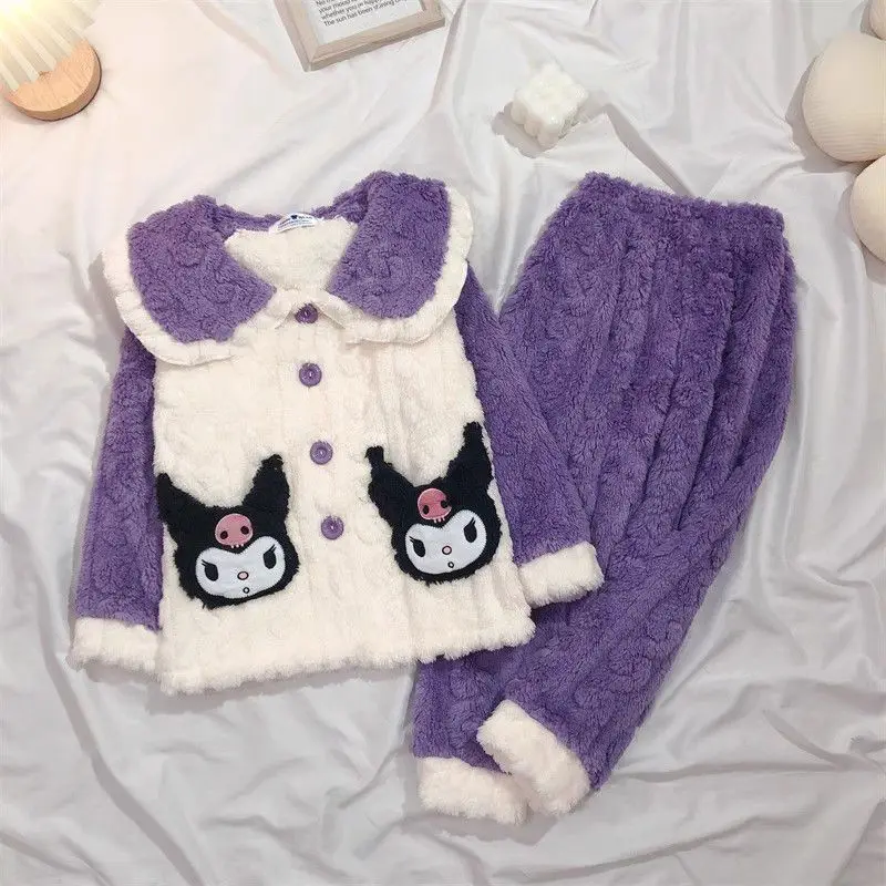 

New Kawaii Cartoon Sanrios Plush Child Pajamas Kuromi My Melody Cute Anime Winter Coral Thicken Cardigan Warm Home Clothes