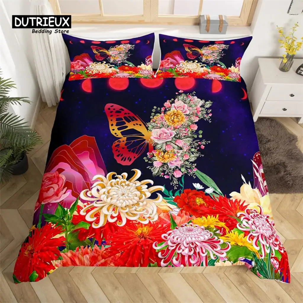 

Chrysanthemum Blossom King Duvet Cover Abstract Butterfly Rose Comforter Cover Microfiber Red Moon Rustic Farmhouse Bedding Set