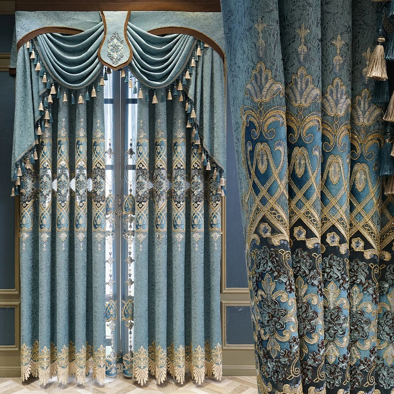 

European Blue Hollow Embroidery Chenille Luxury Curtains for Living Room Bedroom Windows Thickened Blackout Tulle Valance Custom