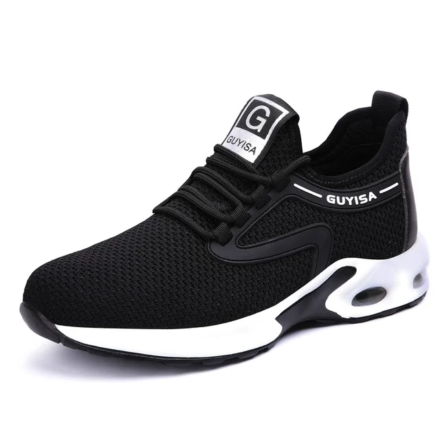 Men Work Safety Shoes Man Safeti Breathable Air Cushion Work Protective Sneakers Anti-Puncture Work Male Steel Toe Safety Boots 2050-black white