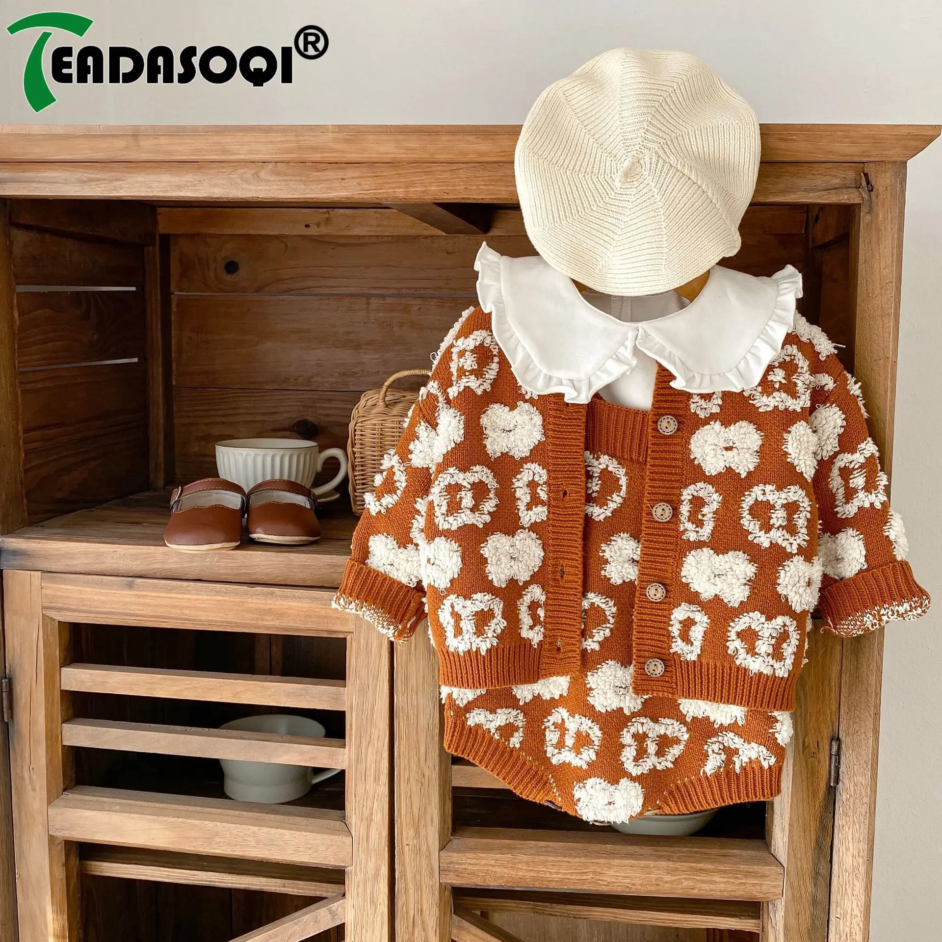 

2023 Autumn Bodysuits Infant Kids Clothing 0-3Y Newborn Baby Girls Full Sleeve Flower Jacquard Knitted Jacket + Sling Overalls
