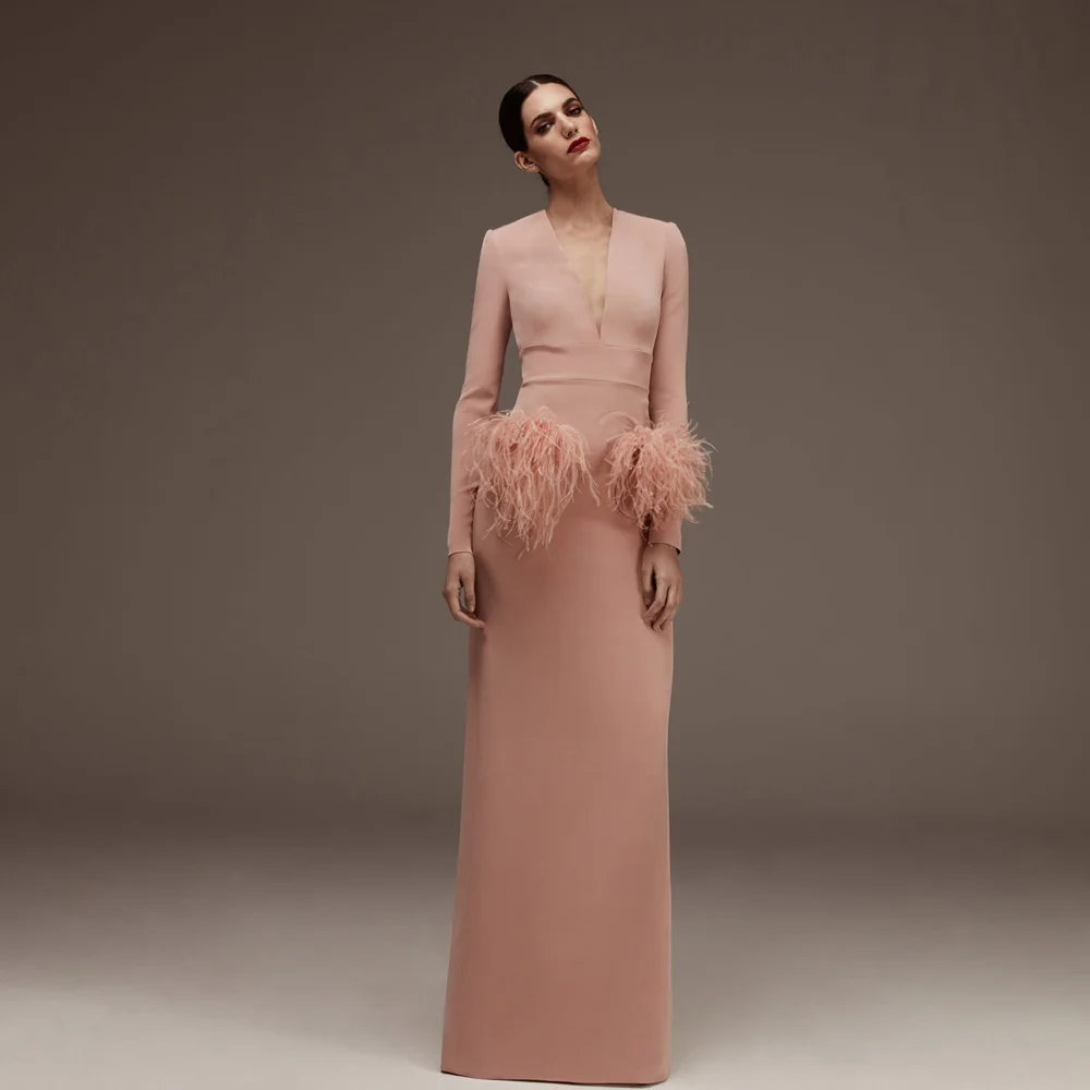 

Elegant V Neck Mother of the Bride Dresses Long Sleeves Mermaid Wedding Party Gowns Feather Floor Length Simple فساتين السهرة