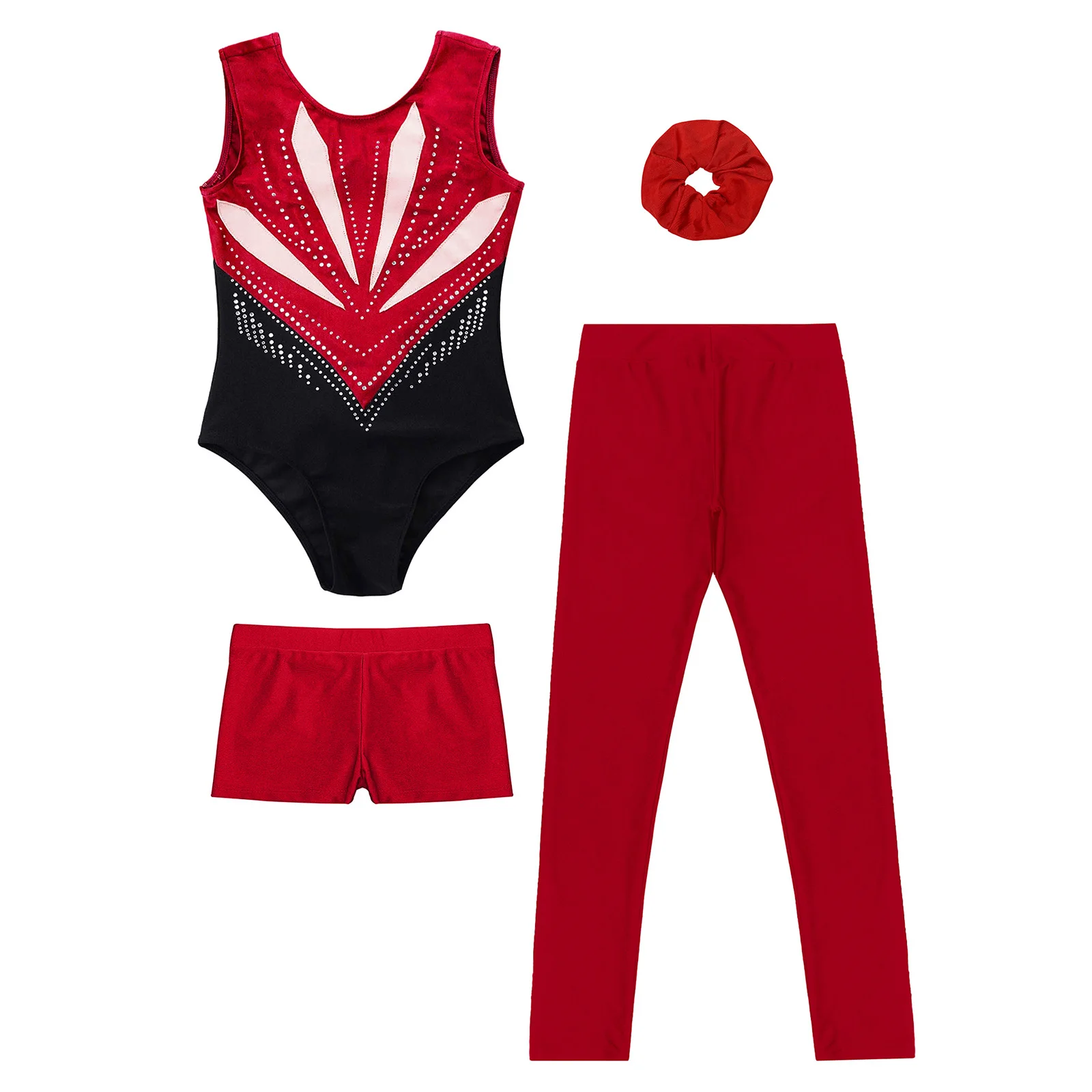 Kinder Mädchen Gymnastik Ballett Tanz Outfit Schleife Ausschnitt hinten glitzernde Strasssteine Trikot mit Shorts Leggings und Haarband – Detail 17