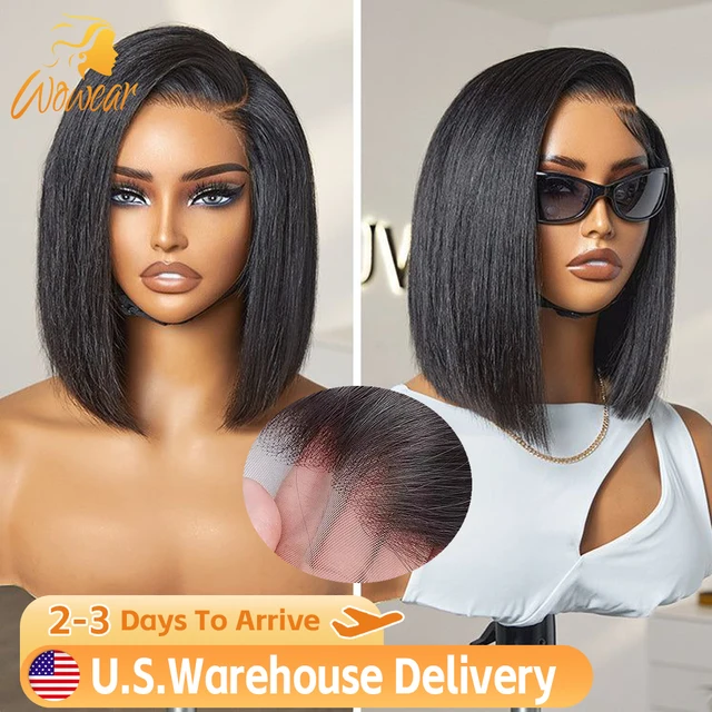 Perruques en cheveux humains brésiliens lisses, densité 200%, avec dentelle HD 13x4 et 13x6, pour femmes, perruque courte bob pré-épilée 1