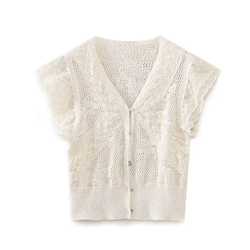 

2023 Summer New Women's V-neck Short-sleeved Jacquard Hollow Single-breasted Sweater Slim-fit Fashion All-match Tops