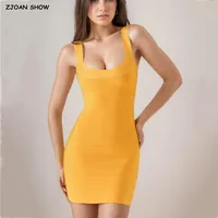 2025 Sexy O neck Knitted Mini Sling Dress Women Zipper Back Package Hips Short Tank Dresses Skinny Robe Orange Pink