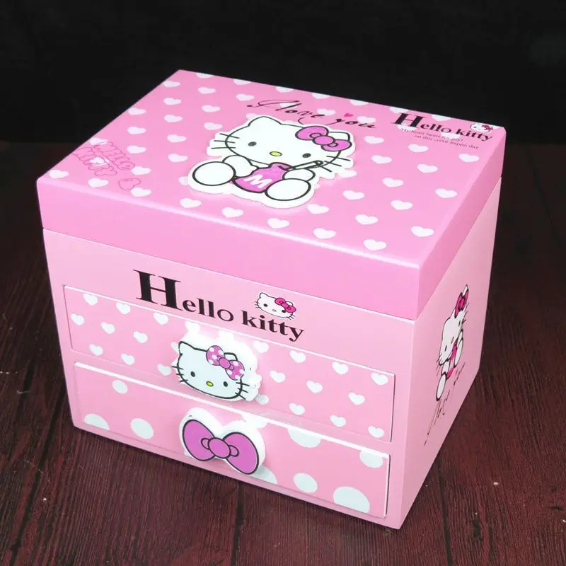 

Sanrio Kawaii Hello Kitty Wooden Jewelry Box Girls Heart Cute Cartoon Anime Multifunctional Storage Makeup Box Birthday Gift Kid