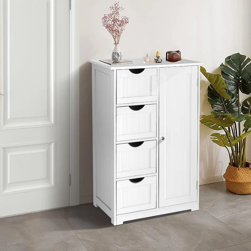 

Small Storage Cabinet Wooden Bathroom Floor Cabinet Small Space Furniture White Side Storage Organizer with 4 Drawers