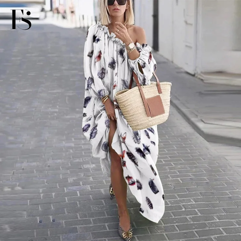 

2020 Summer Long Sleeve Slash Neck Loose Boho Dresses Feather Printed Bohemian Beach Maxi Dress for Women Summer