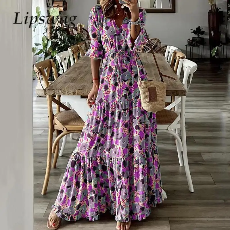 

Women Waisted Drawstring Pleated Long Dress Spring Floral Print Long Sleeve Big Hem Dress Casual Ladies V Neck Loose Beach Dress