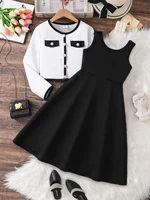 Ensemble de robe simple et élégante pour filles de 8 à 12 ans, jupe trapèze plissée au genou sans manches de couleur unie + gilet boutonné à manches longues, ensemble de robe de soirée décontractée au quotidien pour filles 1