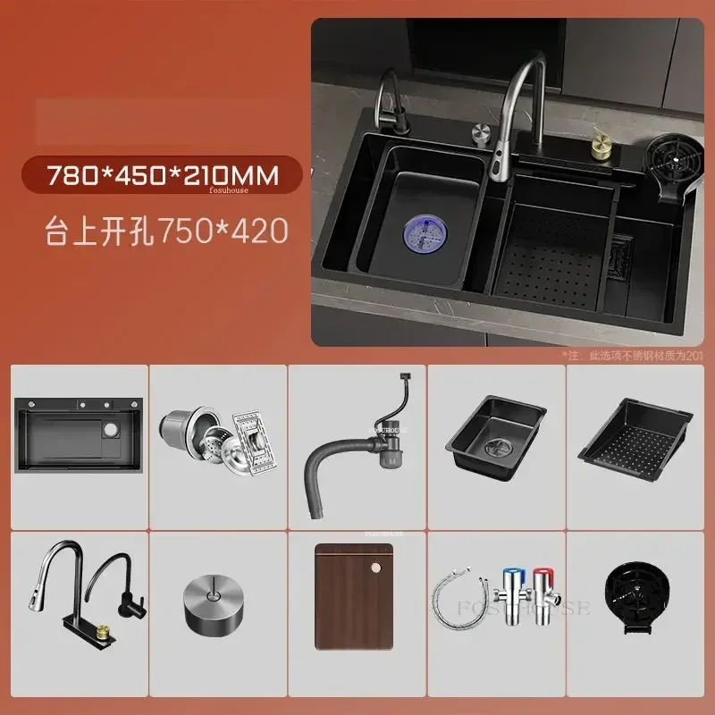 304 Stainless Steel Large Kitchen Sink for Home Nano Waterfall Washbasin Sinks Kitchen Accessories Under-counter Washbasin Novel