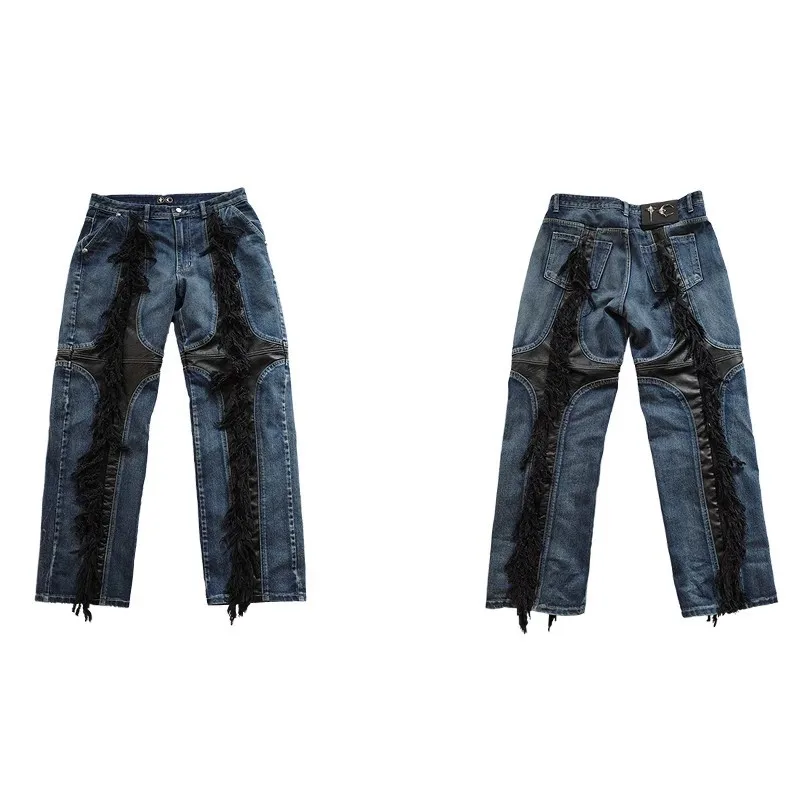 2024 New Blue Tassels Thug Club Tag Denim Zipper Slim Fit Straight PANT Jeans Cotton Denim Pants Casual Jeans Size 1 2 3 #N197 2
