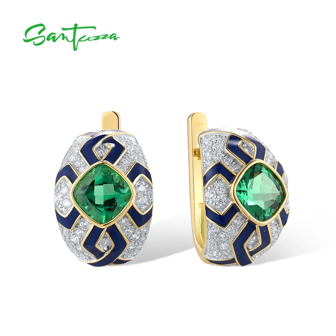 

SANTUZZA Authentic 925 Sterling Silver Earrings For Woman Sparkling Green Spinel Enamel Grand Solitaire Party Gifts Fine Jewelry