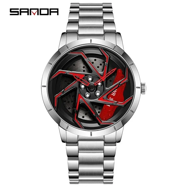 

SANDA P1088 Men's Watch Stainless Steel Band Watch Premium Quartz Movement Car Rim Wheel Shaped Rotating Dial Relogio Masculino