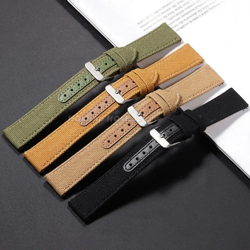 20mm Nylon Leather Watch Band High Quality Canvas Soft Strap Military Sport Bracelet for Seiko Quick Release Universal Wristband