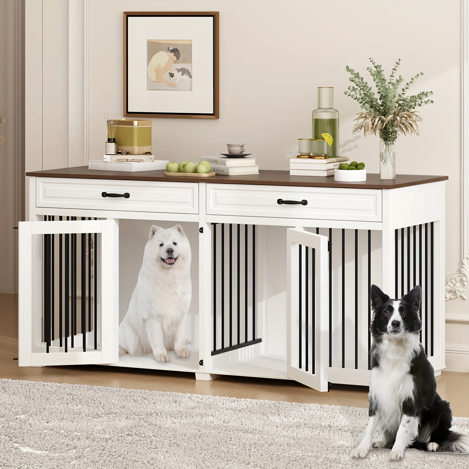 

Furniture Style Dog Crate, Heavy Duty Wooden Large Dog Kennel With Drawers & Divider, 64.6 Inch Indoor Dog House Furniture With