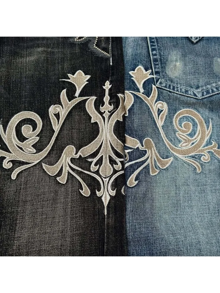 HOUZHOU Vintage Embroidery Patchwork Women Flared Jeans Y2k Harajuku Wide Leg American Style Denim Pants Baggy Punk Streetwear