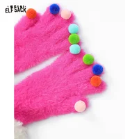 ELFSACK 2025 Winter New Arrivals Cute Multi Color Pom Pom Plush Cuff Knit Gloves For Women