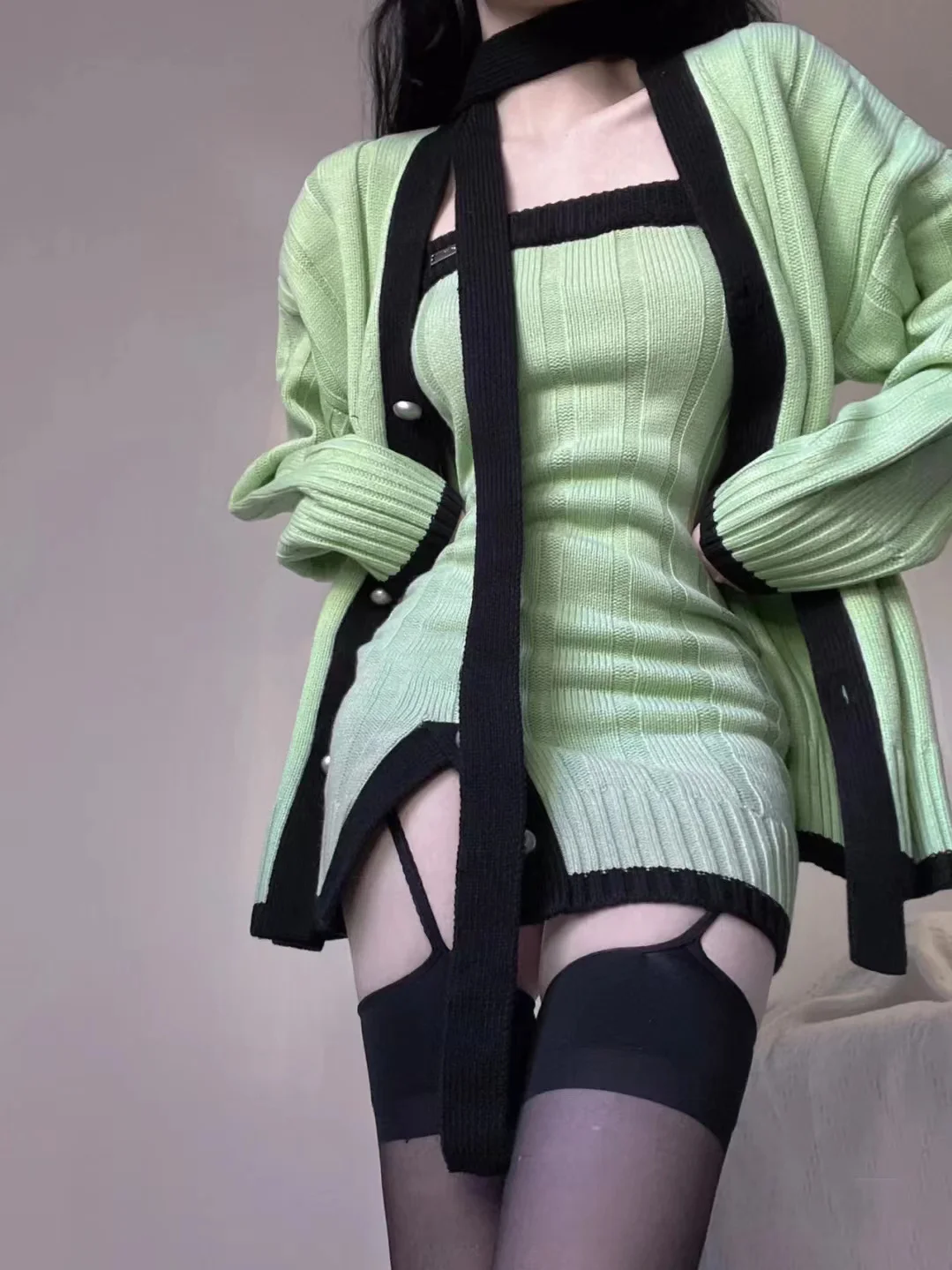 방도 슬림 캐주얼 가디건 탑 + 미니 드레스, 가을 그린 니트 슈트, 한국 패션 의류, Even Party 2 Piece 드레스 세트, Y2k