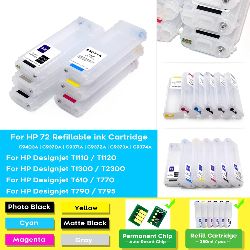 Printer Supplies Ink Cartridge Inkjet Ink Cartridge 280ML Refill Ink Cartridge With Auto Reset Chip For HP HP72 72 Designjet T610 T620 T770 T790 T1120 T1200 T1300 T2300 Printers