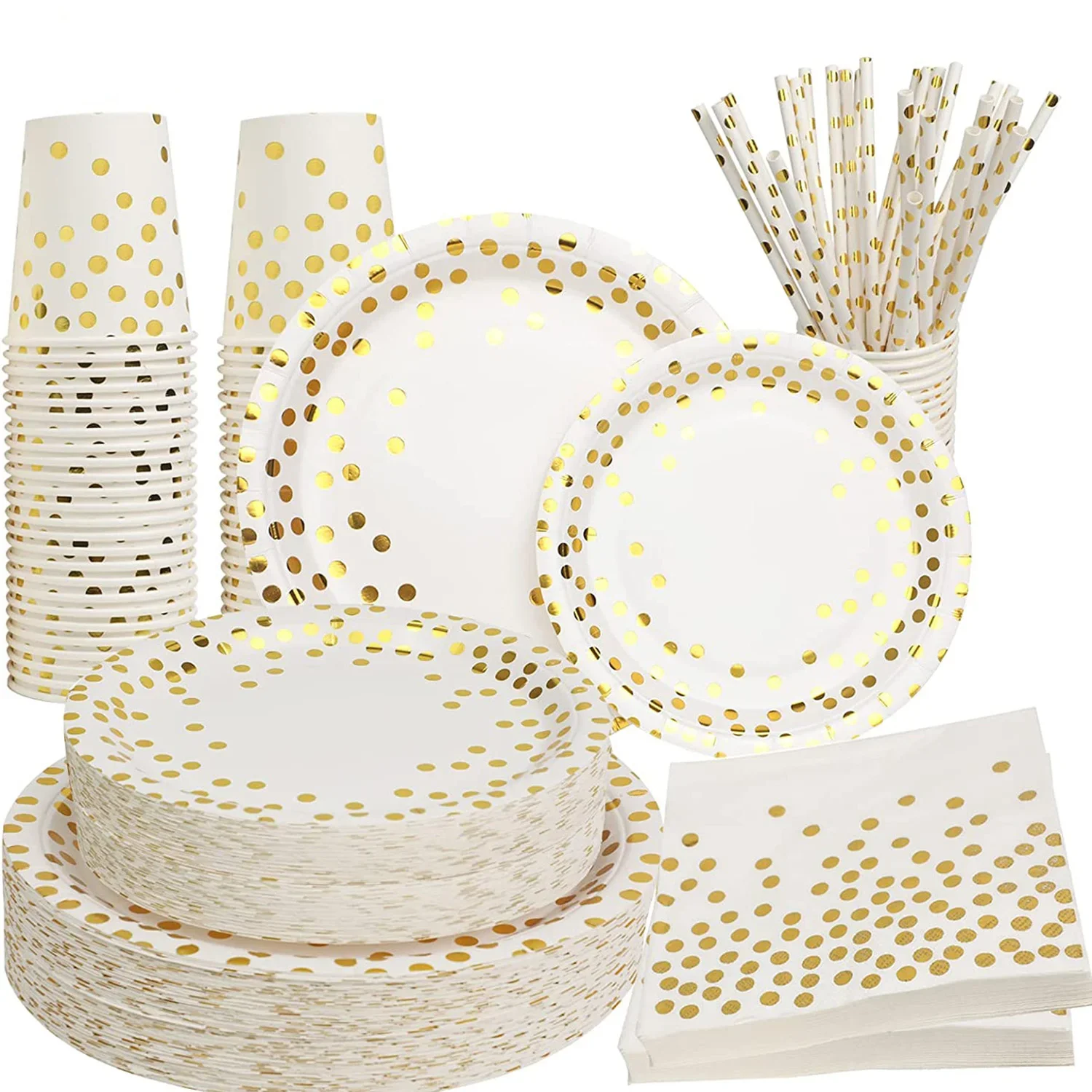 White Gold Disposable Party Tableware Dinnerware Gold Dots Paper Plate Napkin Cups Wedding Birthday Party Baby Shower Supplies