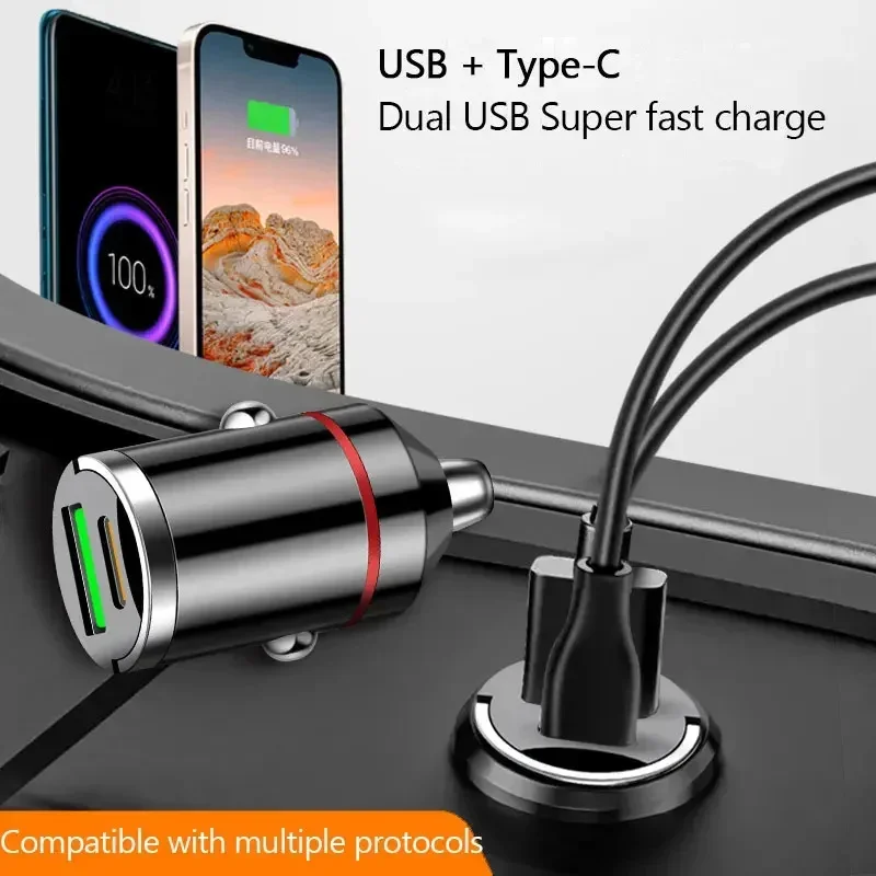 Car Charger 100W Dual Ports Mini USB Super Fast Charging Aluminum Alloy Phone Adapter Cigarette Socket 12-24V