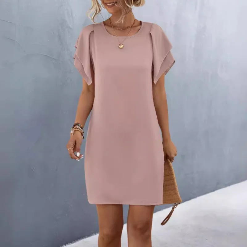 

Spring and Summer New Simplicity Solid Color Fashion Lotus Leaf Sleeves Round Neck Short Sleeve Commuter Versatile A-line Dress