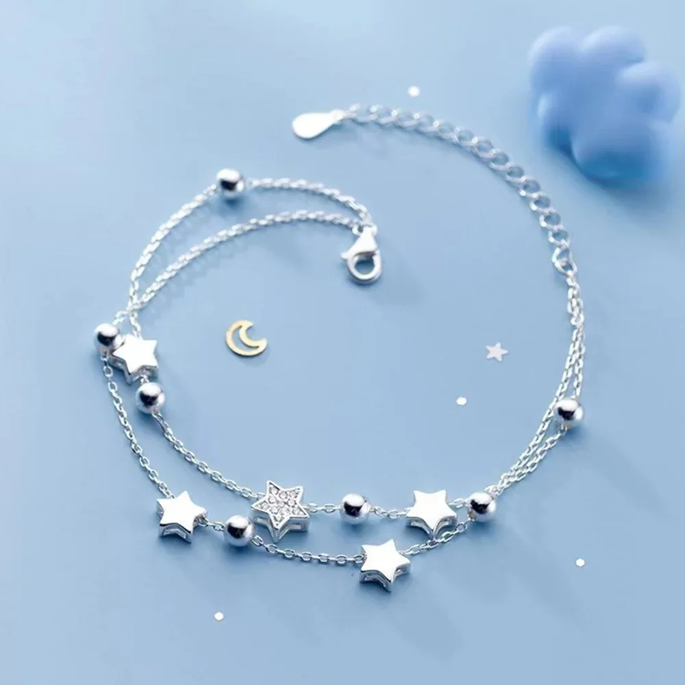 Stars Bracelet 925 Stamp Silver Color Star Bracelet Fashion Korean Five-pointed Stars Crystal Double Bracelet