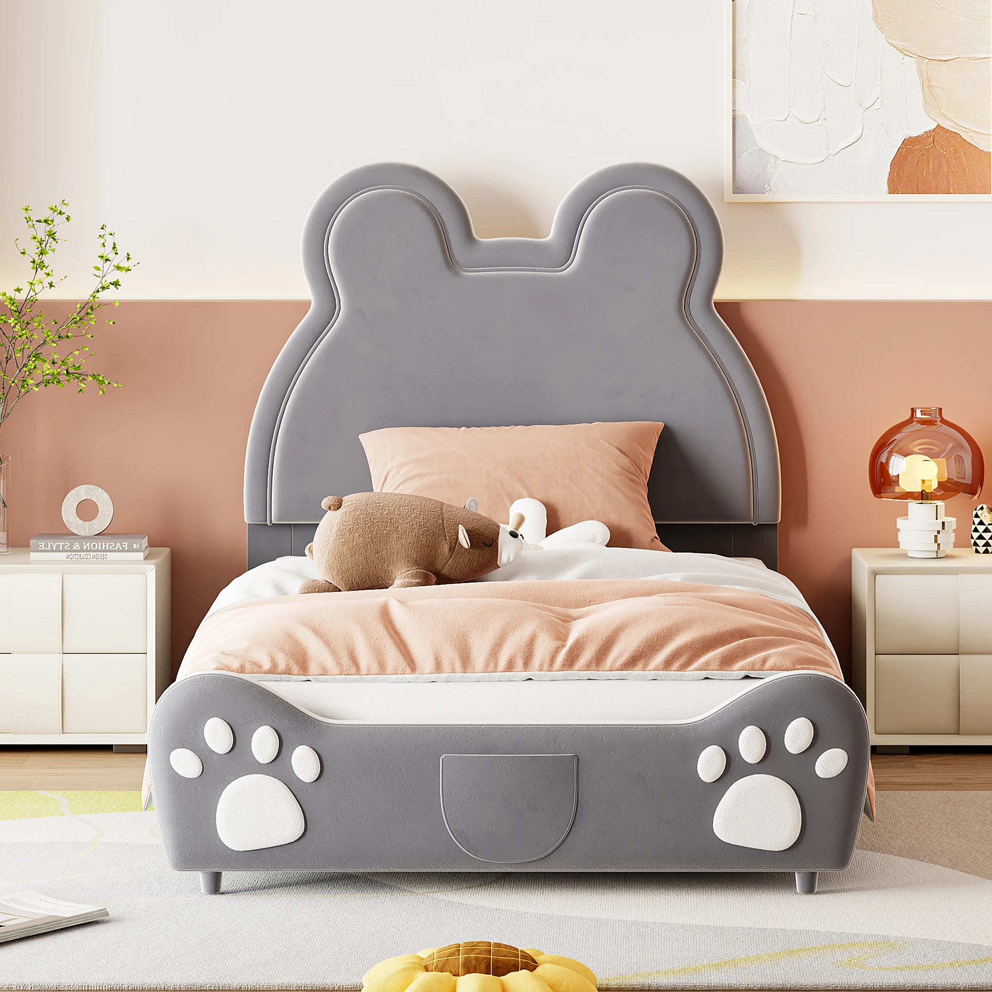 KOMHTOM schönes Polsterbett Kinderbett Einzelbett in Bärenform aus hautfreundlichem Velours – Detail 1