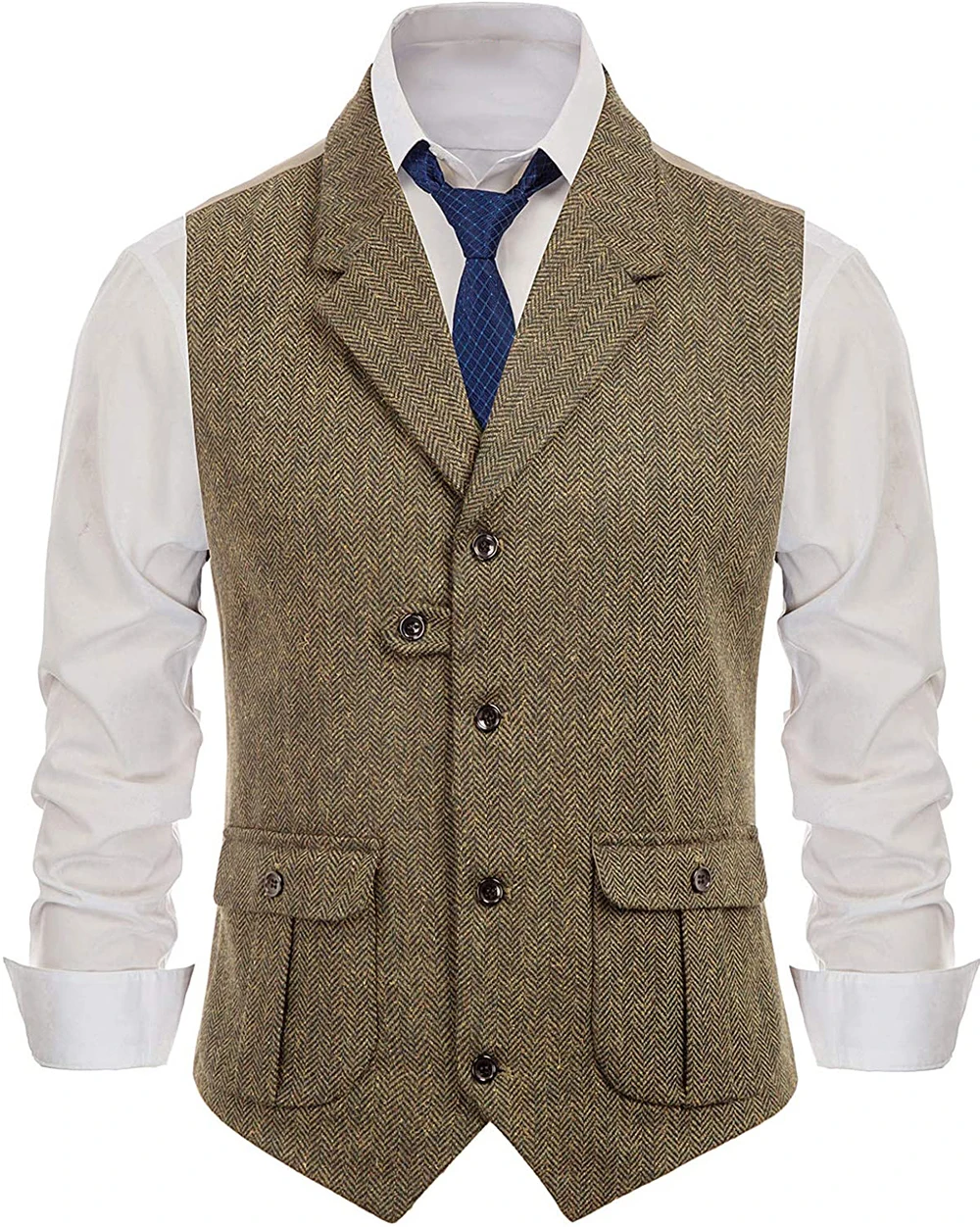 Mens Casual Suit Vest Notch Lapel with Two Pockets Herringbone Waistcoat for Wedding Groomsmen  Men Vest