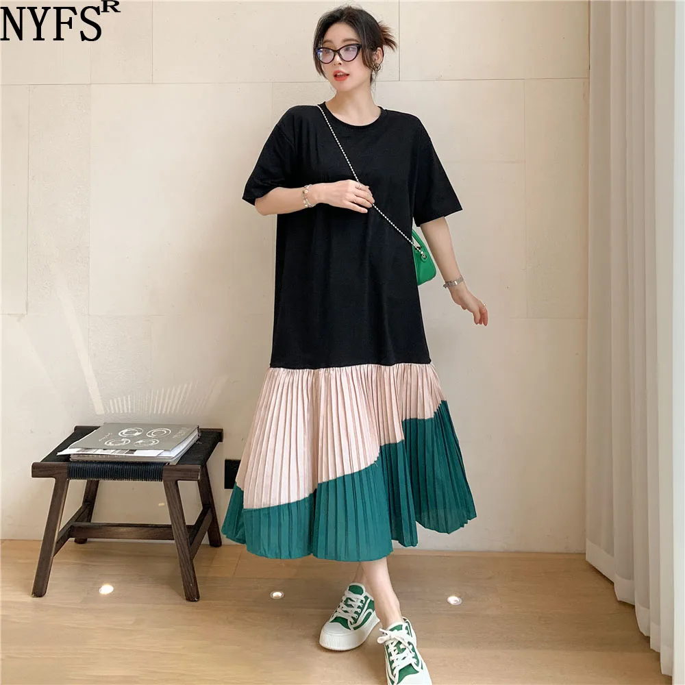 

NYFS 2022 Summer Korea New Woman Dress Vestidos Robe Elbise Loose Cotton Patchwork Pleated Hem Long Dresses