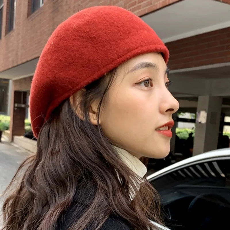 Autumn Winter Wool Beret Hats For Women Men Front Back Two Ways To Wear Short Brim Flat Roof Warm Unisex beret hat woolen beret wool caps