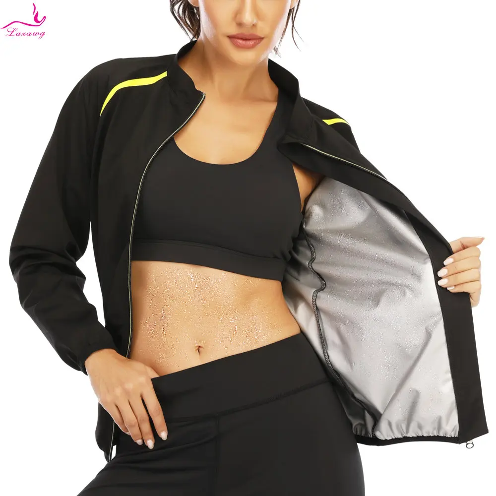 LAZAWG Sauna Jacket for Women Weight Loss Slimming Sweat Long Sleeves Fitness Suit Fat Burner Ladies Body Shaper Gym Workout