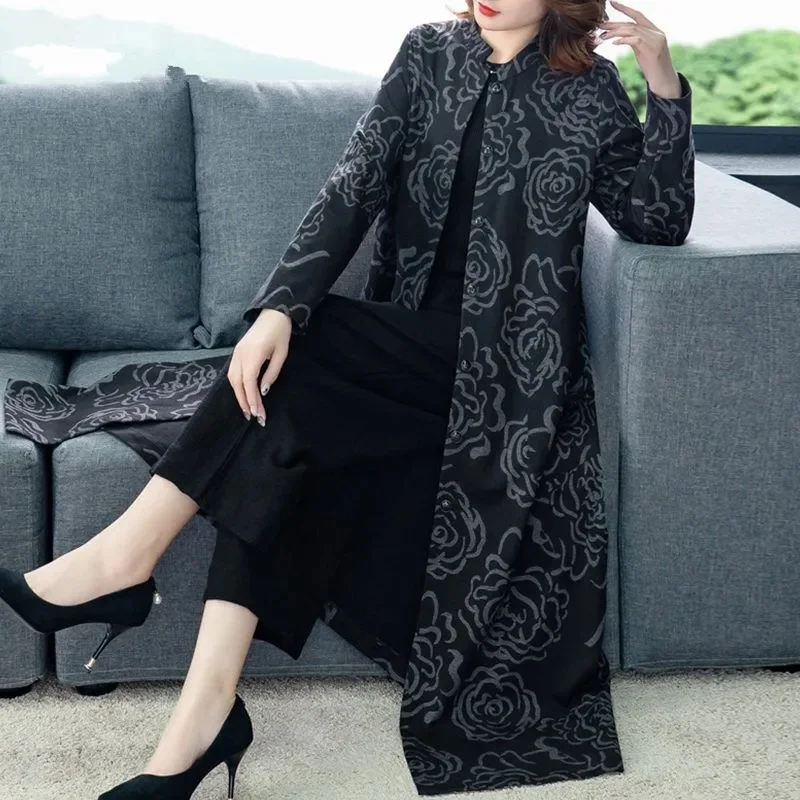 Women Long Windbreaker 2025 Spring And Autumn New Printing Fashion Outwear Wide Wife temperament Mother Trench Coat Vintage L93